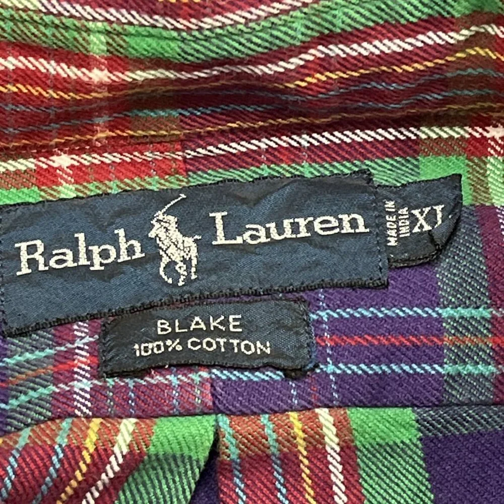 Polo Ralph Lauren Shirt Men XL Purple Green Plaid Button Down Shirt Logo‎ Preppy